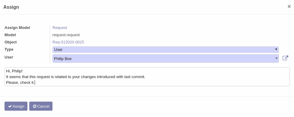 Comment when assgning request manually Comment when assgning request manually